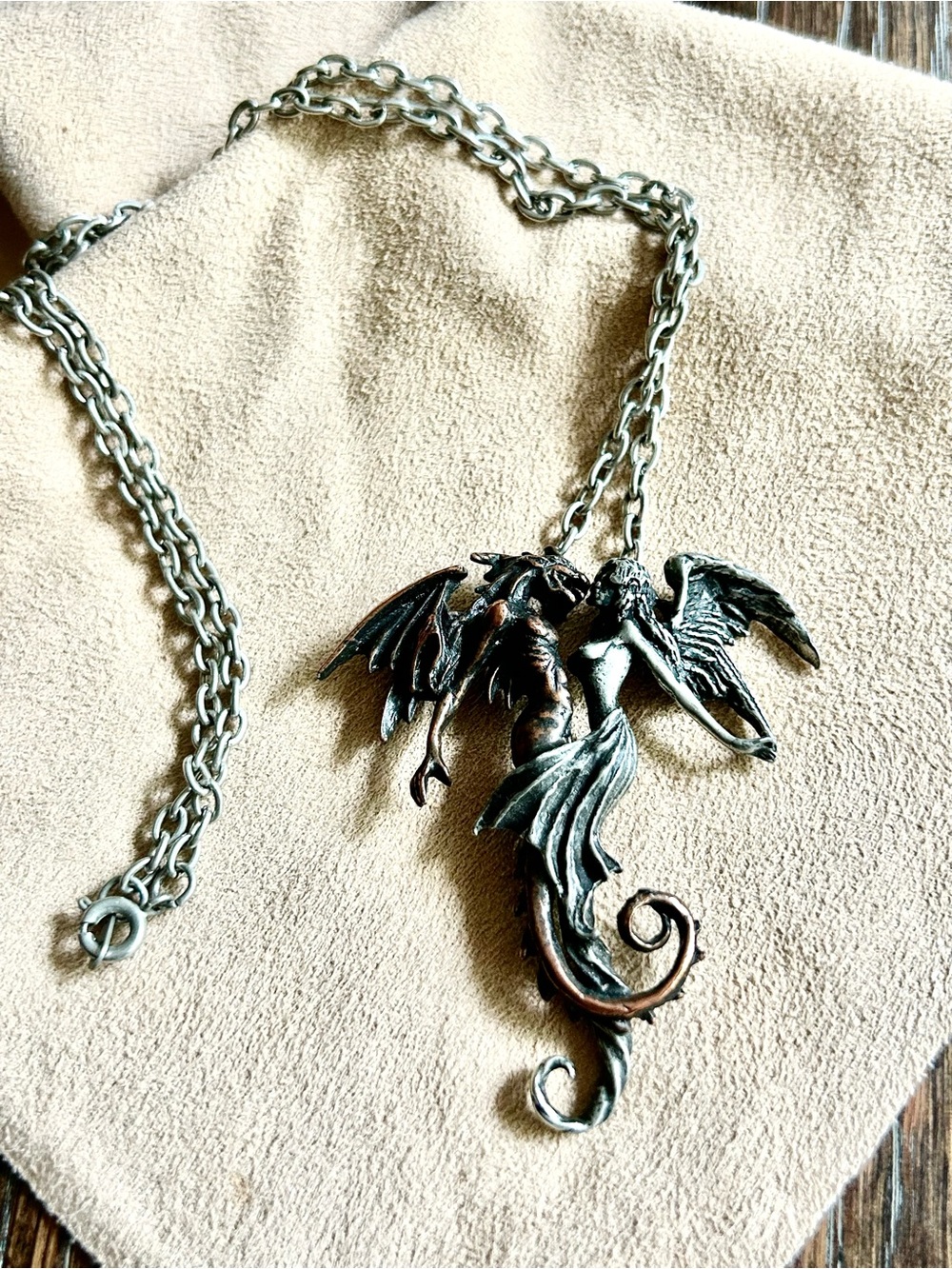 ANGEL & DRAGON DUAL PENDANT 2.5” and 10.5” Necklace Two-Tone Silver & Bronze - Picture 9 of 15